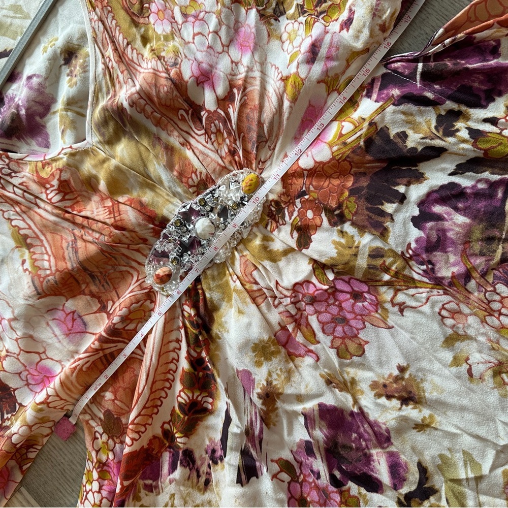 Badgley Mischka Silk Beaded Floral Kaftan Mini Dress Medium - Picture 13 of 16